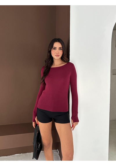 Elaxi Kadın Kayık Yaka Parmak Geçmeli Uzun Kollu Full Likralı Pamuk Viskon Buzzy Body Tişort Bordo Elaxi Kadın Kayık Yaka Parmak Geçmeli Uzun Kollu Full Likralı Pamuk Viskon Buzzy Body Tişort Bordo
