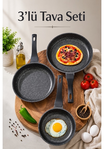 3'lü Tava Seti - Döküm Granit Yanmaz Yapışmaz Ergonomik Kulplu Premium Tava 21 - 25 - 30 Cm Siyah