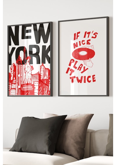 2'li New York And Music Dekoratif Poster Tablo Siyah Çerçeveli