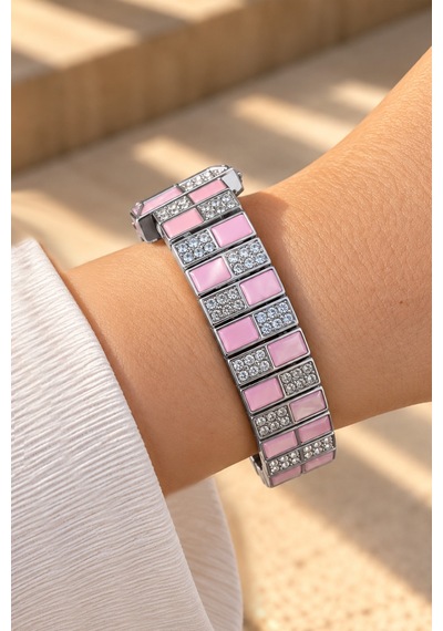 Rubenis Swiss Kadın Kol Saati 22x18 Mm Kristal Taşlı Çelik Kasa Ve Bilezik Pembe Sedef Detaylı Gümüş