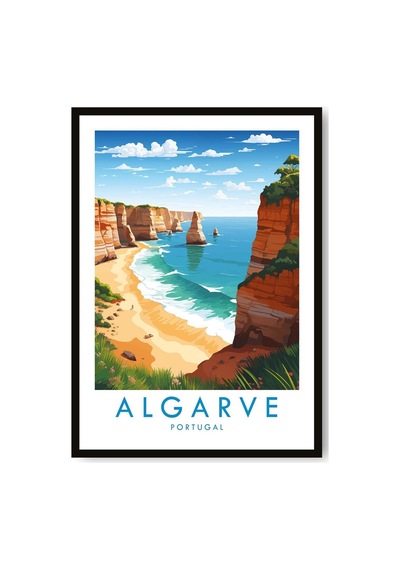 Algarve Seyahat Baskısı Portekiz Sahil Kayalığı Duvar Sanatı Plaj Manzarası İllüstrasyon Dekorasyonu