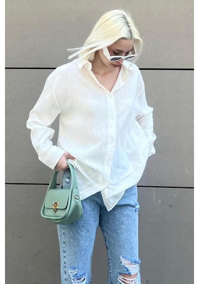 Madmext Beyaz Uzun Kollu Çizgili Oversize Gömlek Mg2080-beyaz Beyaz