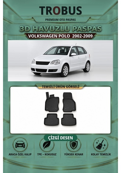 Volkswagen Polo 2002-2009 Çizgi Desen 3d Havuzlu Paspas Takımı Siyah