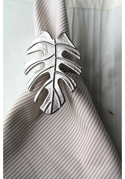 6 Adet Gümüş Tropical Leaf Metal Peçete Halkası - Napkin Ring
