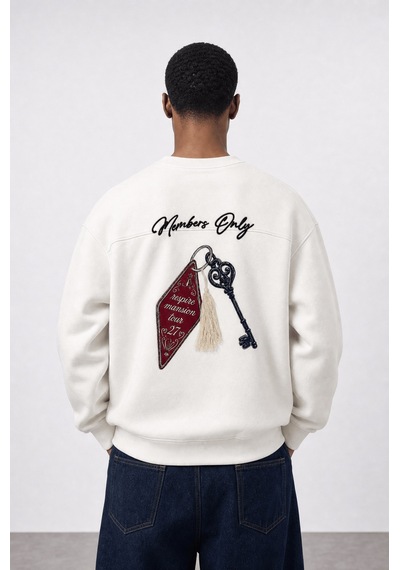 Respire Erkek Members Only Baskılı Oversize Sweatshirt Ekru