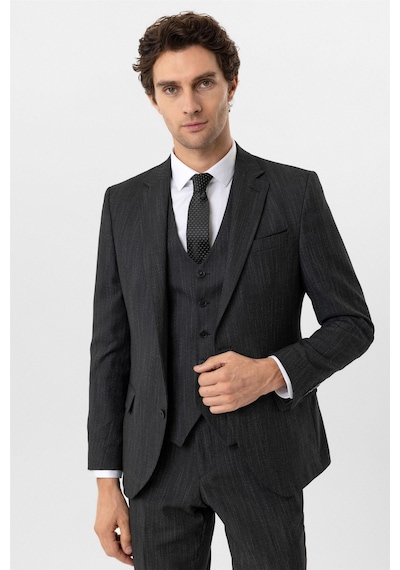 Süvari Siyah Slim Fit Desenli Mono Yaka 6 Drop Yelekli Klasik Takım Elbise-35634 Siyah