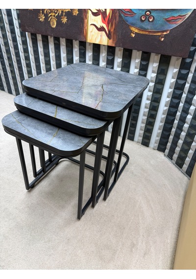 3 Lü Zigon Sehpa Seti Metal Ayaklı Ahşap Desen Tabla Modern Tasarım Gri