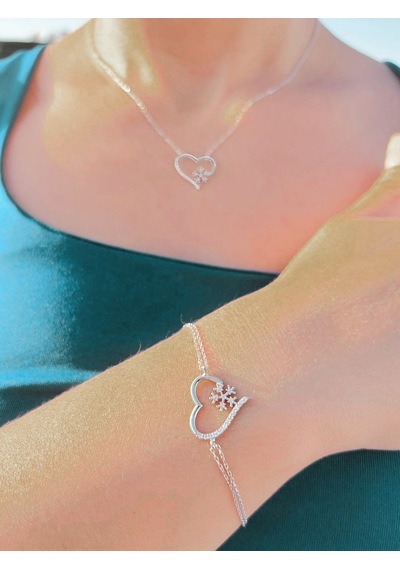 Brezza Lusso Jewelry 925 Ayar Gümüş Zirkon Taşlı Kar Tanesi Kalpli Kadın Kolye Bilekli