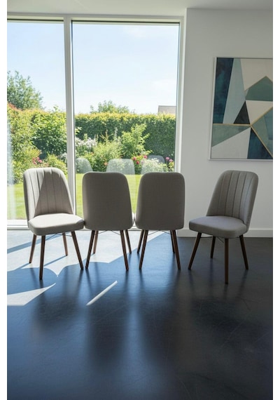 Nora 4 Adet Sandalye - Keten Kumaşlı Sandalye Modern Ahşap Ayaklı Yemek & Çalışma Sandalyesi Minimal Tasarım Krem