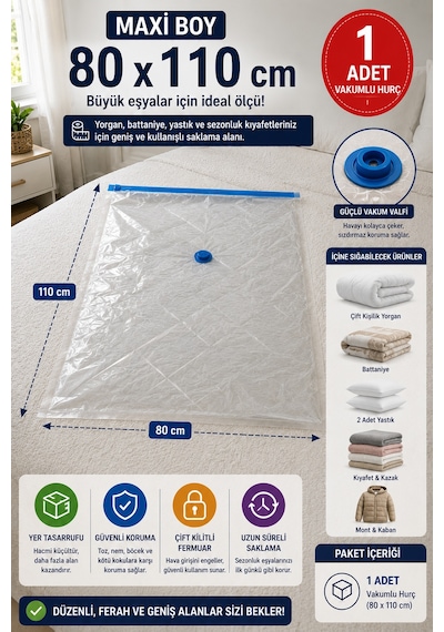 Maxi Boy Vakumlu Hurç 80x110 Cm 1 Adet Çift Kilitli Vakum Poşeti Yorgan Battaniye Saklama Çuvalı Şeffaf