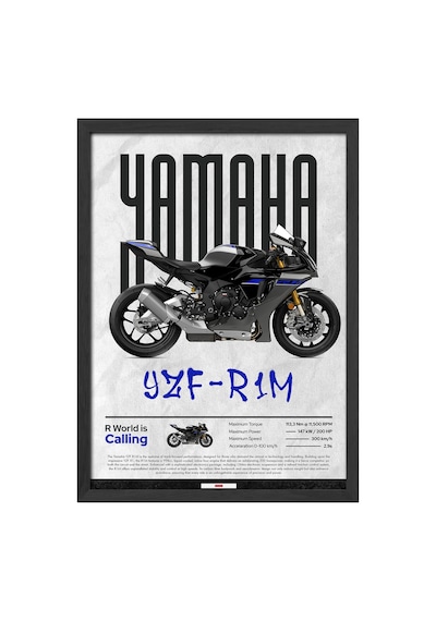 Yamaha Yzf-r1m Siyah Ahşap Çerçeveli Poster, Dekoratif Motosiklet Duvar Tablosu