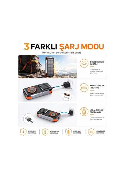 Fc-30 Solar Powerbank 30000 Mah, Pd 22.5w Hızlı Şarj, 15w Kablosuz Şarj, Güneş Panelli, Dahili Kablolu, Çift Led
