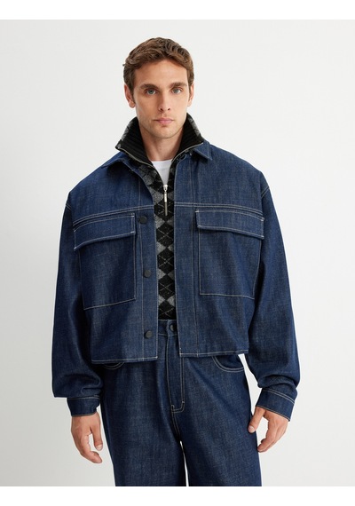 Koton Oversize Kot Ceket Crop Boy Kapaklı Cep Detaylı Pamuklu Koyu İndigo 5wam50019ıd İndigo