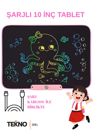 Grafik Çizim Ve Yazı Çocuk Tableti 10 İnç Pembe Şarjlı , Dijital Kalemli Renkli Tablet Usb Kablo Hediye