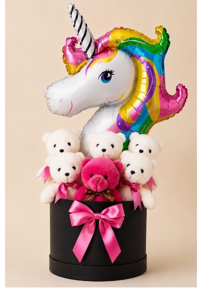 Unicorn Balonlu 6 Peluş Ayıcıklı Premium Hediye Kutusu Kız Çocukları İçin Eğlenceli Doğum Günü Hediyesi
