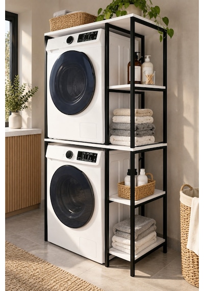 Sulorahome Çamaşır Makinesi Üstü Metal Raf Sistemi Ve Yan Raflı Düzenleyici Beyaz