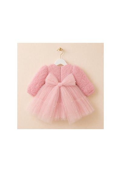 Ministok Pearl Rose Arkası Fiyonklu İnci Detaylı Kız Bebek Uzun Kollu Özel Pembe