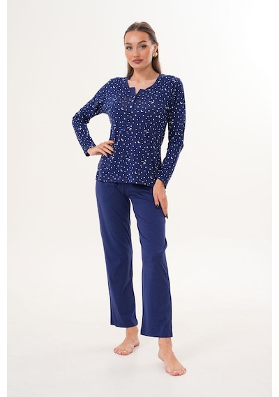 Çift Kaplan Kadın Pamuk Modal Yıldızlı Açık Patlı Lacivert Pijama Takımı 7005 Lacivert