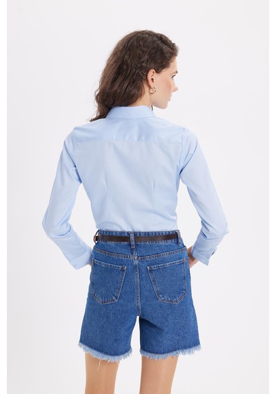 Tudors Kadın Slim Fit Non-ıron Pamuklu Vücuda Oturan Ütü Gerektirmez Pensli Mavi Gömlek-42047 Mavi