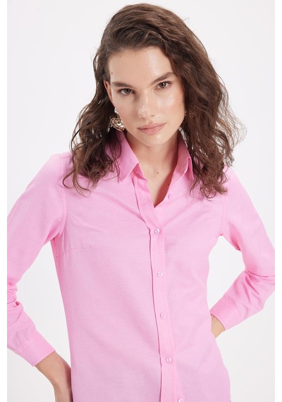 Tudors Kadın Slim Fit Dar Kesim Uzun Kollu Pamuklu Vücuda Oturan Dokulu Pembe Basic Gömlek-38815 Pembe