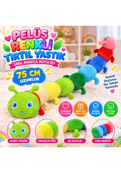 Ers Peluş Renkli Tırtıl Yastık 75cm Çok Renkli