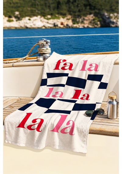 Modern Tipografik Damalı Plaj Havlusu - Marine Stil Lacivert Krem Hızlı Kuruyan Mikrofiber Havlu Köpük Tozu