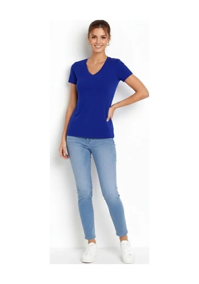 T-shirt V Yaka Slim Fit Likralı Tişört Günlük Basic Body - İndigo