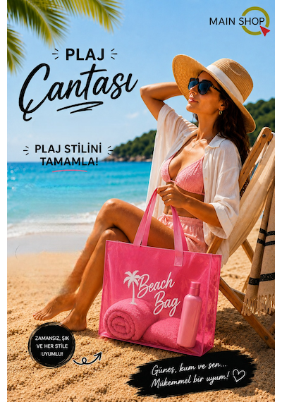 Mainshop Pembe Şeffaf Beach Bag Kadın Plaj Çantası Büyük Hacimli M-plj01