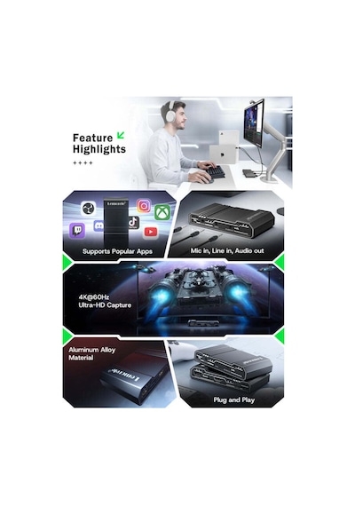 Lemorele Ac09 4k 60hz Hdmı Video Capture Card - Obs Twitch Yayıncı Ses/görüntü Yakalama Kartı  Gecikme Ps5 / Xbox / Pc / Mac / Kamera Uyumlu