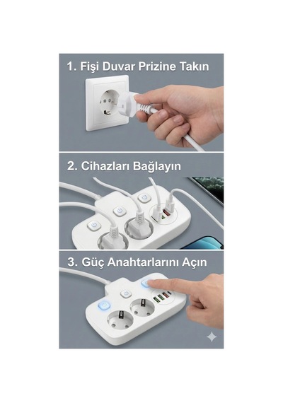 Akım Korumalı 2500w Güçlü 3 Usb + Type-c Portlu Çoklu Priz Hızlı Şarj, Çocuk Kilidi, 2 Metre 0 - 2 M