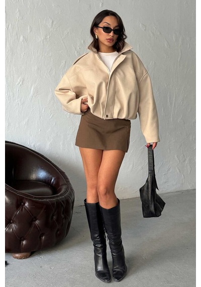 Hopıan Kadın Bej Crop Oversize Ceket Mont Açık Bej