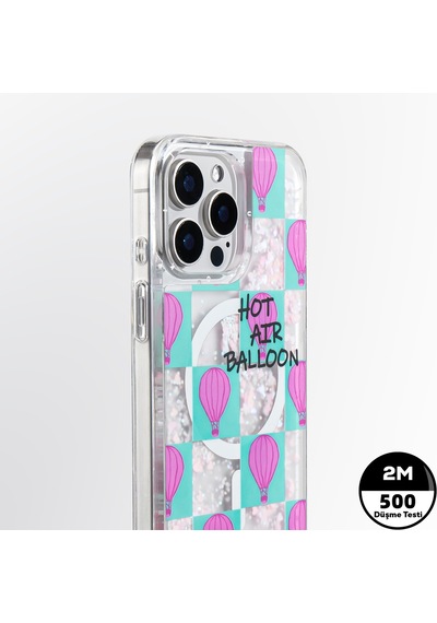 Apple iPhone 16 Pro Max Kılıf Magsafe Uyumlu Parlak Kumlu Sıvılı Youngkit Pink Dream Quicksand Turkuaz
