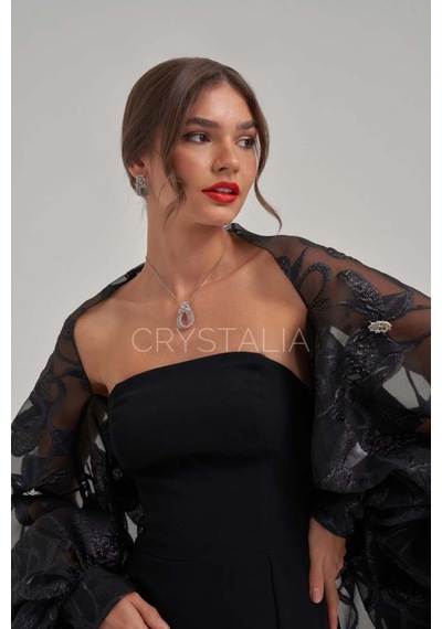 Crystalia Taş İşlemeli Desenli Organze Şal Balık Elbise Siyah