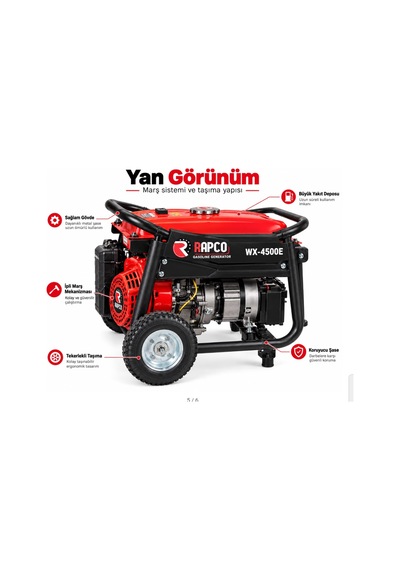 Algaride Rapc Wx-4500e Benzinli Jeneratör 4.5 Kva Uzaktan Kumandalı Marşlı İpli Monofaze 220v Tekerlekli Güç Ünitesi