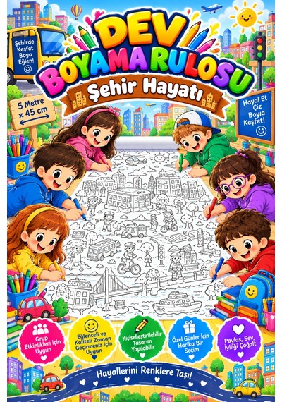 City Life Şehir Hayatı Temalı Dev Boyama Kağıdı Boyama Rulosu Büyük Boy 5 Metre - 808526734