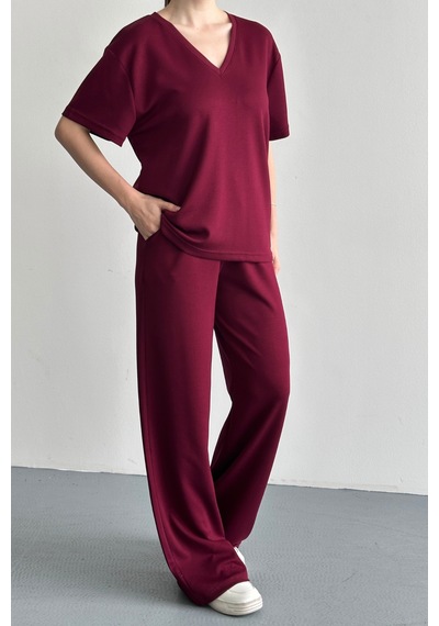 Balenbi Kadın Modal Kumaş Yarım Kollu V Yaka Eşofman Takımı 1209 Bordo