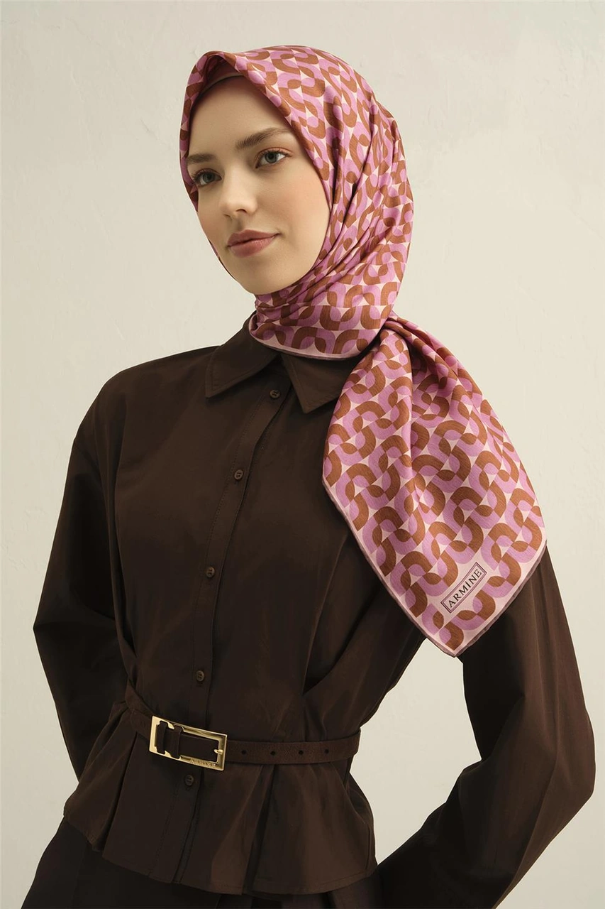 Armine Klasik Desenli Saf İpek Twill Eşarp 9321d 31 Pembe