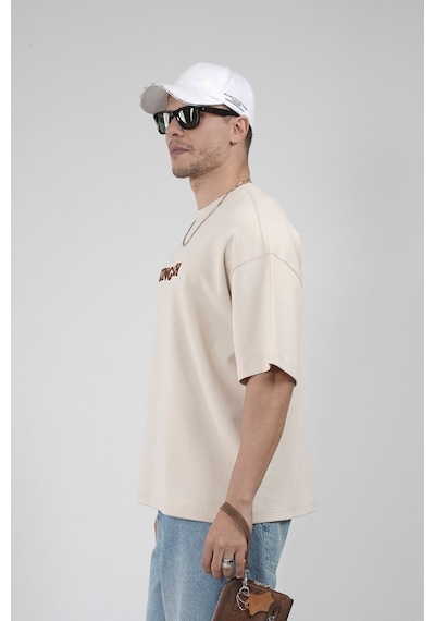 King-Brich Oversize Kalıp Kingbrich Baskılı Tişört Bej