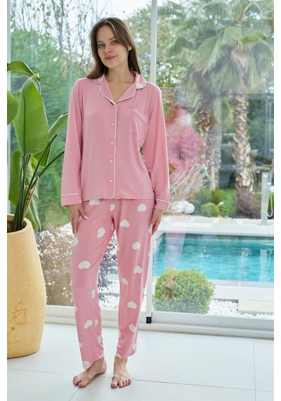 Remsa Kadın Kalp Desenli Önü Düğmeli Yumuşak Milan Kumaş Pijama Takımı 250376 Pembe02 Pembe