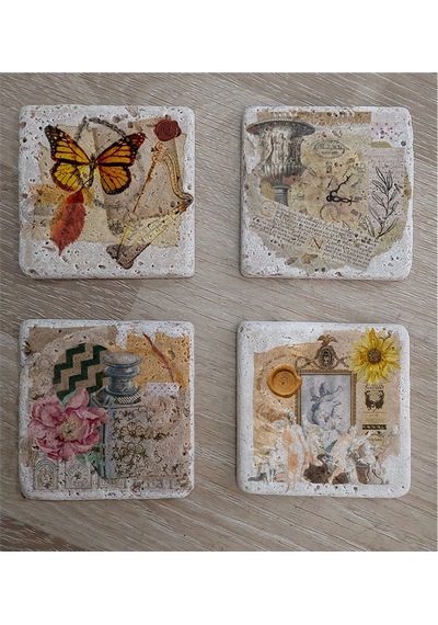 Vintage Kelebekli Kolaj Doğal Taş Bardak Altlığı 4'lü Set - Natural Stone Coasters - Taş Çok Renkli