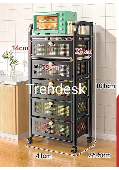 Trendesk 5 Katlı Metal Beyaz Çekmeceli Tekerlekli Patates Soğan Sepeti Sebze Meyve Sepeti Sebzelik