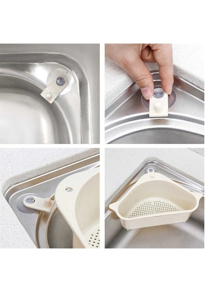 Vantuzlu Üçgen Sebze Meyve Lavabo Raf Evye Süzgeç Sünger Tutucu D Beyaz