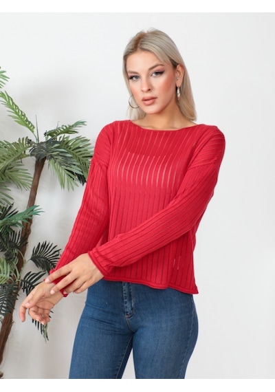 Uzun Kollu Ajurlu Bluz 23aj0021-kırmızı Kırmızı