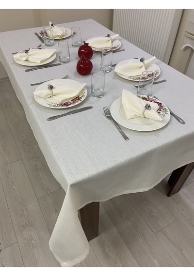 Keten Görünümlü Dertsiz Simli Masa Örtüsü Bej
