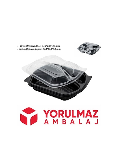 3 Bölmeli Kapaklı Mikrodalga Yemek Kabı 50 Adet Siyah