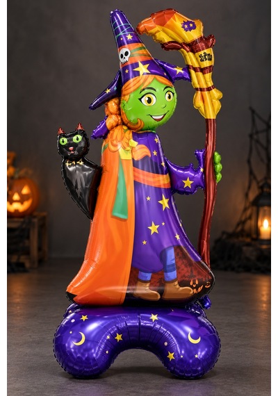 Halloween Cadılar Bayramı Ayaklı Süpürgeli Kedili Cadı Folyo Balon 65x45 Cm Mor Turuncu Oda Süsü Çok Renkli