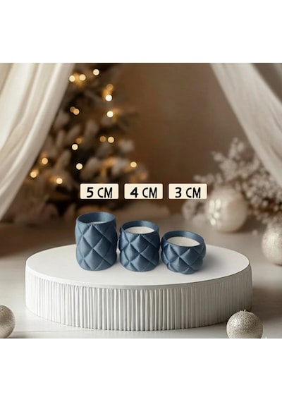 Kapitone Desen 3'lü Tealight Mumluk Seti - Mum Hediyeli Koyu Mavi