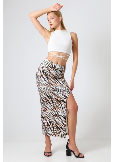 Gugus Kadın Derin Yırtmaçlı Dijital Baskılı Etek Maxi Boy 92 Cm Renkli Zebra
