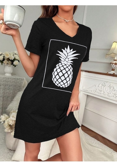 Sinemonline Kadın Ananas Baskılı Kısa Kol Viskon Elbise Siyah