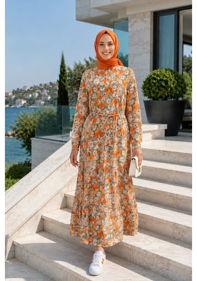 Hb Harma Time Butik Kadın Düğmeli Desenli Modal Turuncu Elbise Turuncu Turuncu